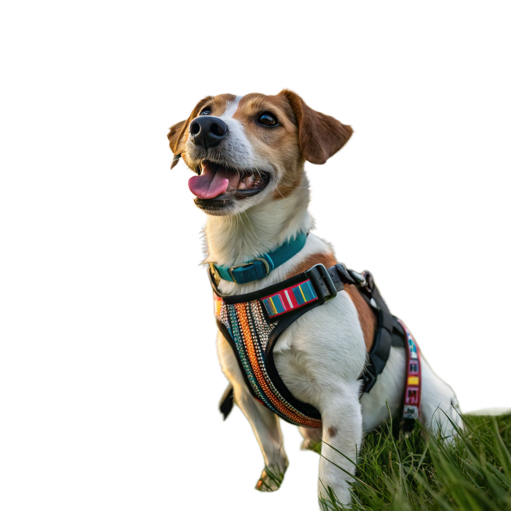 A small dog, likely a Jack Russell Terrier, wearing a colorful harness, sitting on grass with its mouth open on a transparent background.